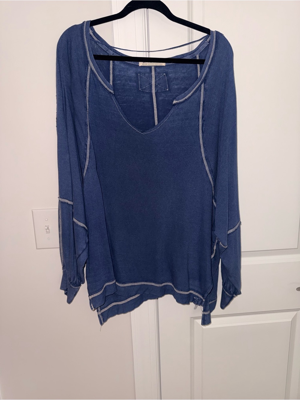 Free People Washed Indigo V-Neck Long Sleeve Pullover
